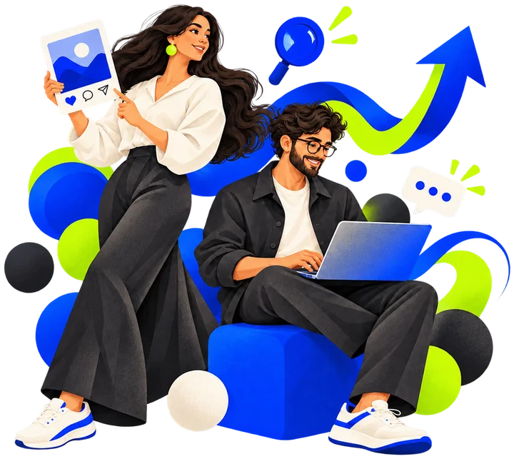 Ilustración de dos personas trabajando en redes sociales y en un computador, con una flecha de crecimiento